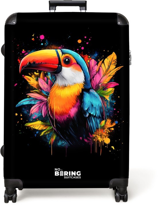 Zwarte koffer met een opvallende, kleurrijke toekanprint en logo.
