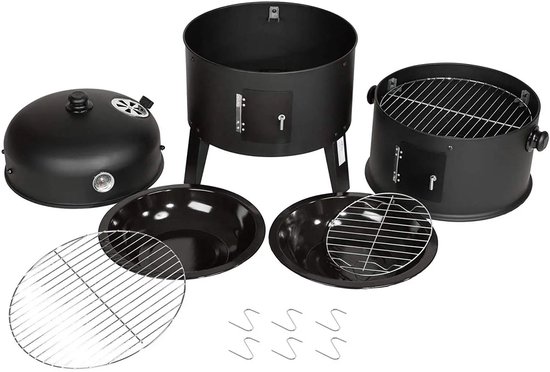 Houtskoolbarbecue - Roker - Grill - 3-in-1 BBQ Vat - Buitenkeuken - Houtskoolgrill Met Thermometer - Rookoven Met Waterbak - Voor Roken, Grillen en Stomen - Ø41cm - 78cm Hoog - Staal - Zwart - Geschikt Voor 6 Personen van Merkloos — afbeelding 3