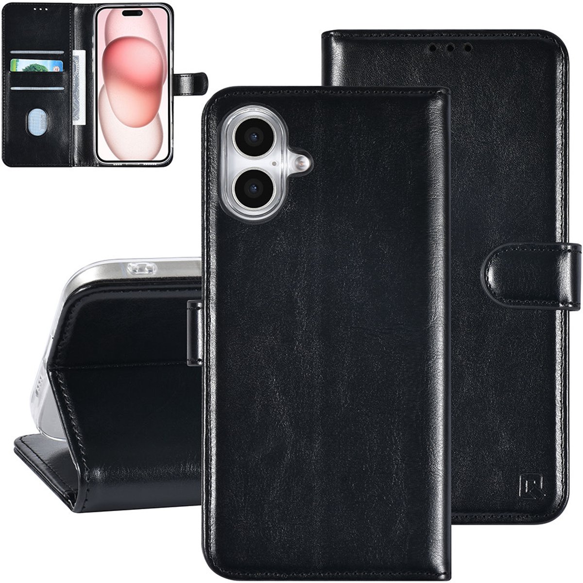 TUNIQ iPhone 16 Plus Book Case hoesje Pasjeshouder voor 3 pasjes - Hanger - Zwart