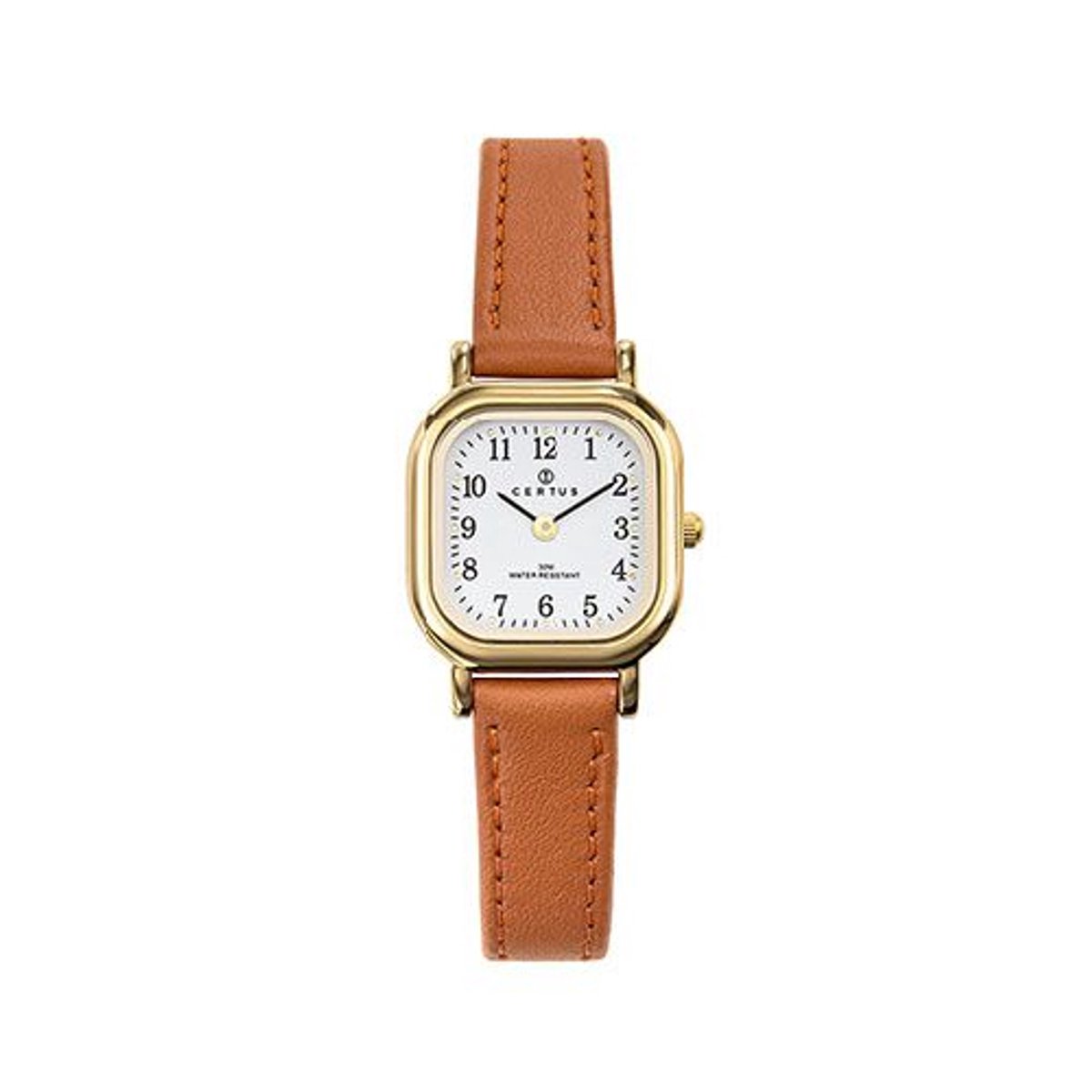 Certus-Dameshorloge-model 646509-vierkant-goudkleurig-lichtbruin lederen band-5 atm waterdicht-afmeting 23 x 23 mm-soepel leder