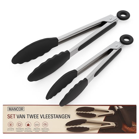 Mancor Pinces à viande pour la Cuisine Pinces de cuisine Pinces de service Pinces à BBQ Accessoires Pinces à barbecue - Acier inoxydable et Siliconen - Set de 2