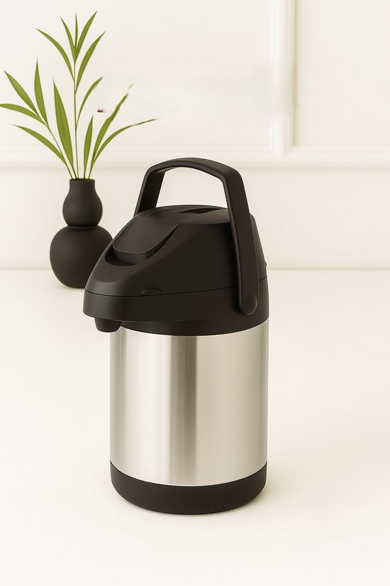 Bouteille isotherme Mevaz Airpot 2,5 litres - Bouteille isotherme en acier inoxydable - Pichet à pompe à bouton-poussoir - Garde le chaud et le froid - Acier inoxydable à double paroi - Cafetière - Théière - Pour Fête, bureau, camping et restauration