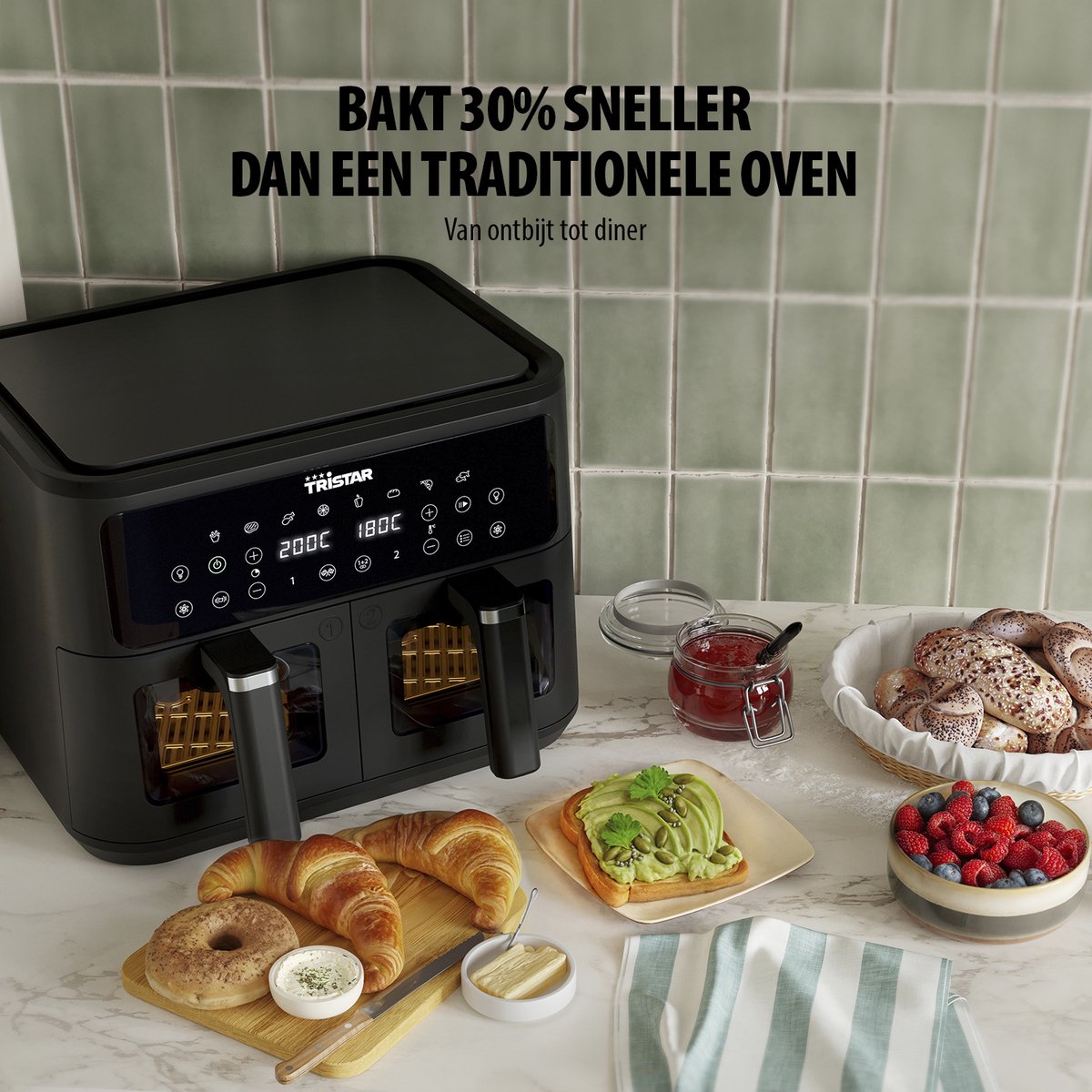 Afbeelding 2 van Tristar Dubbele Airfryer FR-9429 - 2x 4,5 Liter - Dubbele Mand - Kijkvenster - 9L - 2500W
