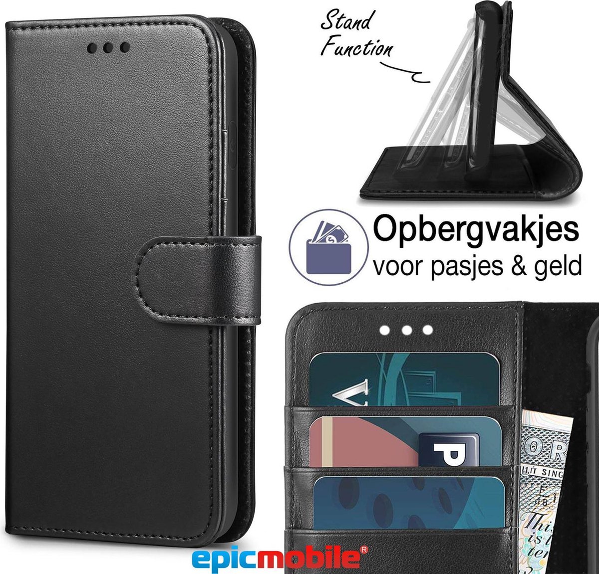 Epicmobile - iPhone XR Boek hoesje met pasjeshouder - Luxe portemonnee hoesje - Zwart