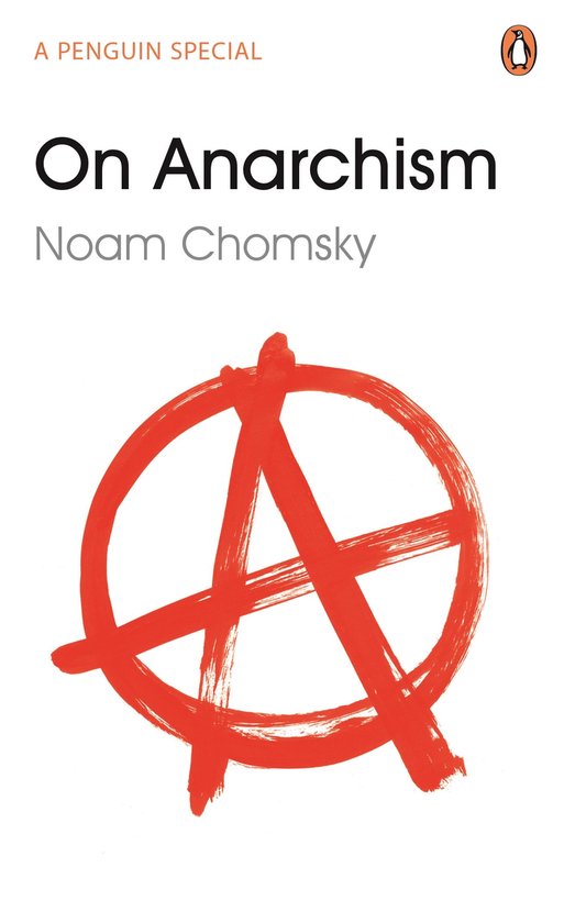 Boek "On Anarchism" van Noam Chomsky met de rode cirkel-A van anarchie.