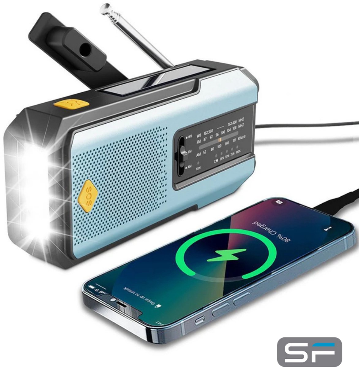 Safety Freaks® Noodradio – Opwindbaar & op Zonne-energie – FM/AM & NOAA – Met 5000mAh Powerbank, Zaklamp & SOS Alarm – Voor Noodsituaties, Camping & EHBO