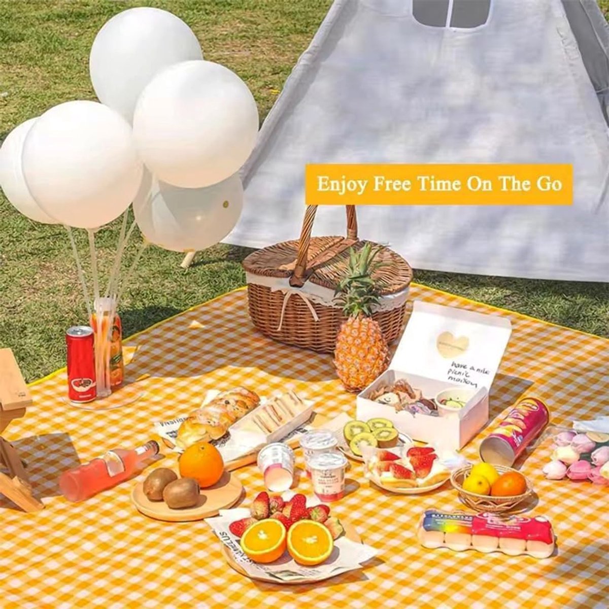 Picknick Deken - Opvouwbaar strandmatje - Draagbaar picknickkleed met handvatten - 150 x 200 cm - waterdicht - grote mat voor strand, reizen, kamperen, wandelen - Geel — cadeau in Sport & Outdoor - foto 6