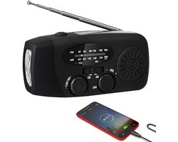 Noodradio - Noodradio Opwindbaar - 2000 mAh - Noodradio Solar Opwindbaar - Oplaadbaar & Op Batterijen - Powerbank - Solar - Zaklamp - Voor Rampen/Camping - Handmatige Crank - Zwart