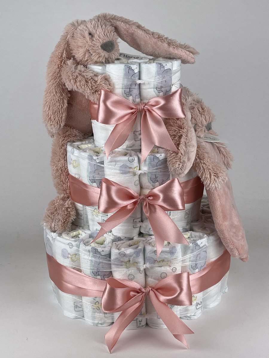 Chouette-Chouette | Luiertaart Meisje | Kraamcadeau | Geboorte Meisje | Babyshower | Konijn Richie Old Pink - donker Poeder Roze