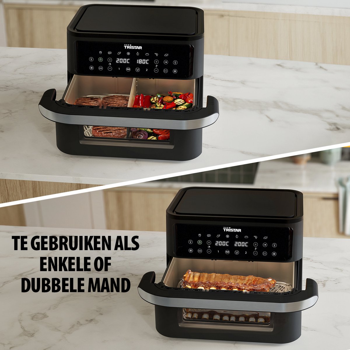 Afbeelding 3 van Tristar Airfryer FR-9432 - 10L - Dual Zone Flex - Kijkvenster - 8 voorprogramma's - Snackverdeler - 2800W
