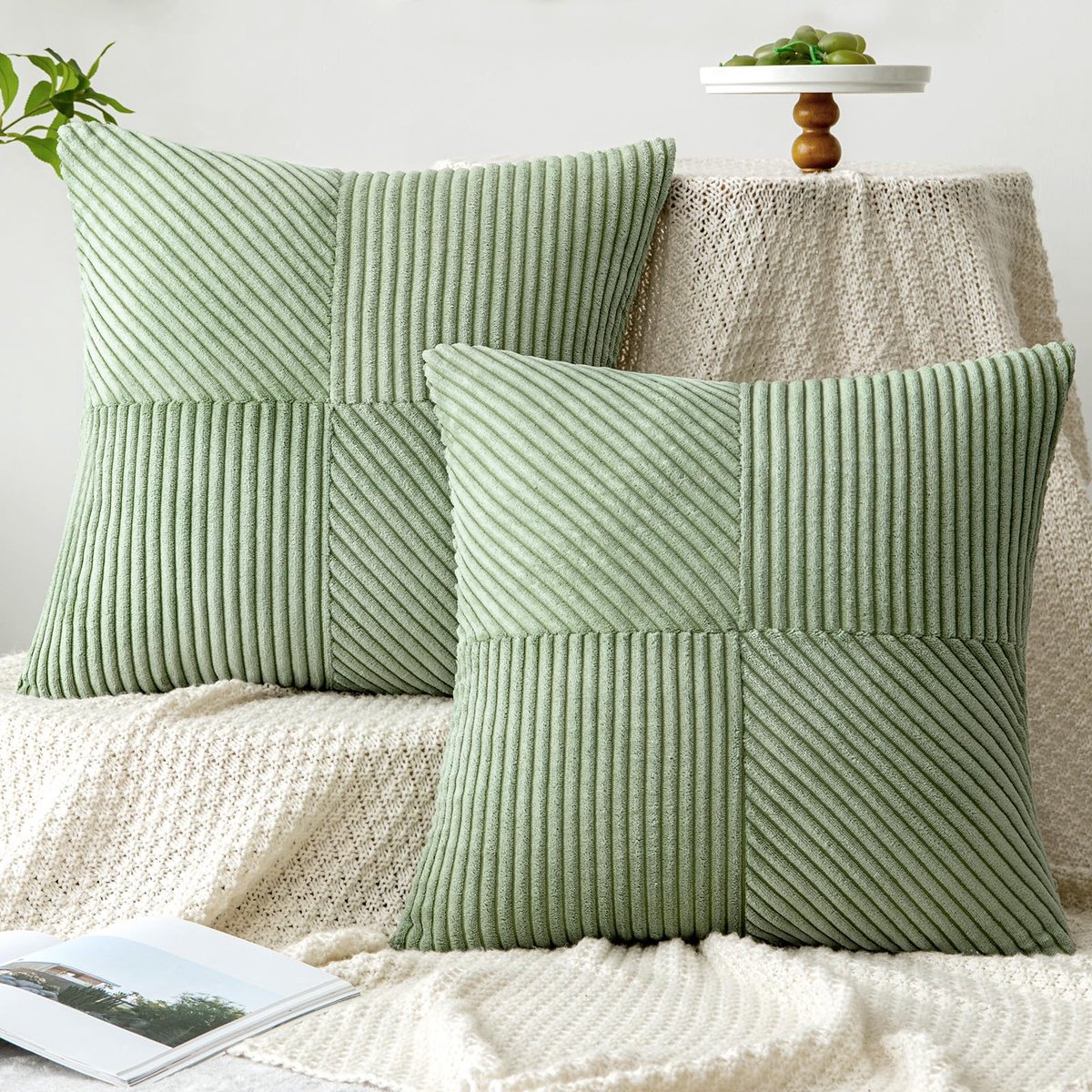 Ibenzoa Kussensloop Set van 2 in Bonengroen Corduroy Fluweel met Onregelmatig Strepenpatroon 40 x 40 cm