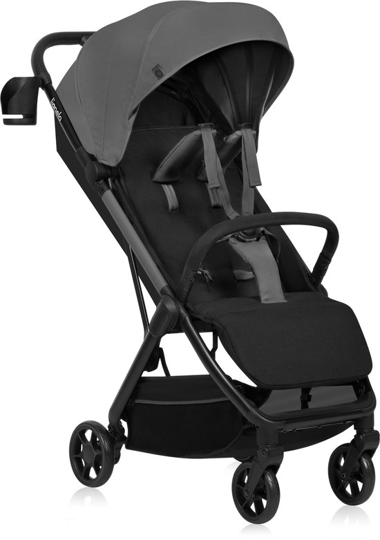 Grijze kinderwagen met kap, veiligheidsbeugel en verstelbare rugleuning.