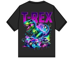 Kinder T-shirt “T-REX” – Zwart – Full Color Print – Maat 134/140 – 95% Katoen – Dinosaurus - Dino - Monstertruck