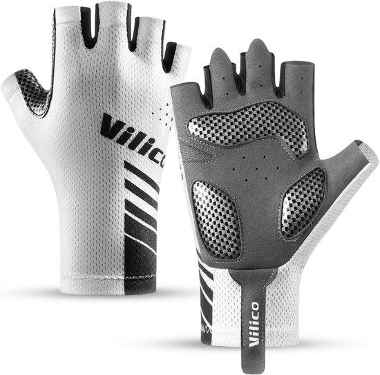 Wit met grijs vingerloze handschoenen met zwart 'Vilico'-logo en strepen. Mesh stof op de rug van de hand.
