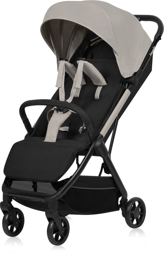 Zwarte buggy met een lichtgrijze zonnekap en zitting, een grijze 5-puntsgordel en zwarte wielen.