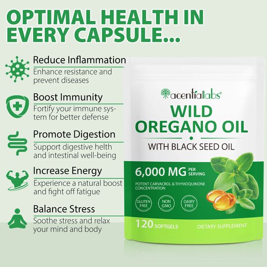 Wild Oregano Oil met Zwarte Zaadolie, 6.000 mg per serving, glutenvrij, non-gmo, zuivelvrij. 120 softgels.