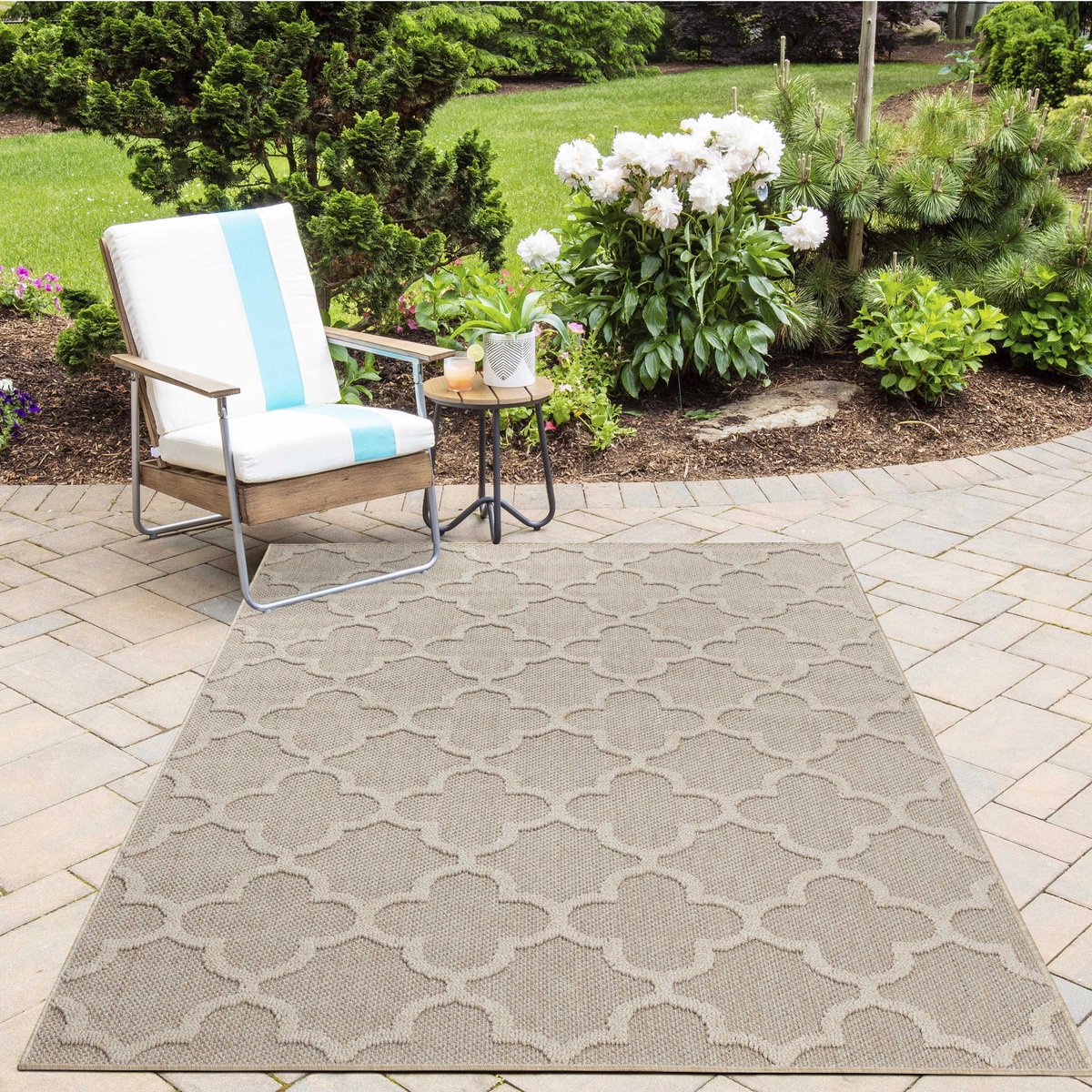 Buitenkleed, Scandinavisch design, beige kleur, kleed voor terras, balkon, keuken, polypropyleen achterkant, afmeting: 140 x 200 cm