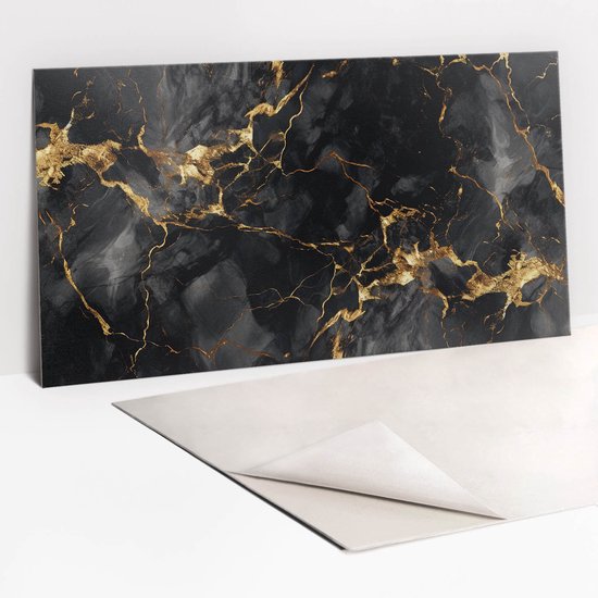 Tulup PVC Wandpaneel - Marmer En Goud PVC Wandpaneel - 100 x 50 cm - Zwart Vinyl Wandbekleding - 1 stuk - Glamour Muurpaneel - Vinyl Wandpaneel - Plaktegels Keuken en Badkamer
