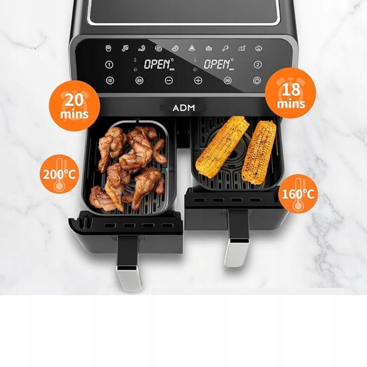 Afbeelding 2 van ADM Airfryer Dubbele Mand – 8L – 2000W – Heteluchtfriteuse – 2-in-1 – Zwart