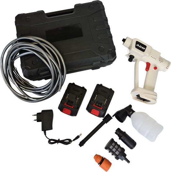 ADM Draadloze Hogedrukreiniger met 2 Accu’s – 21V – Voor Auto, Tuin, Grafsteen, GFT-bak, en Meer – Incl. Koffer & Spuitkop - wit — afbeelding 5
