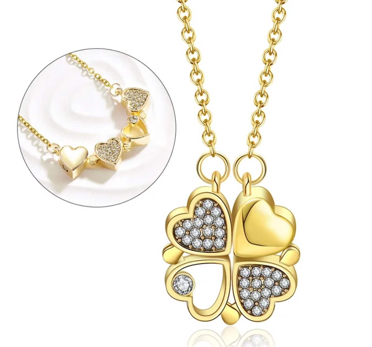 Actie4you® - Klavertje Vier Hartjes Ketting Verstelbaar 40 tot 45 cm met Zirkonia Kristallen – Uitklapbaar op 2 manieren te dagen – Goud plated - Model B
