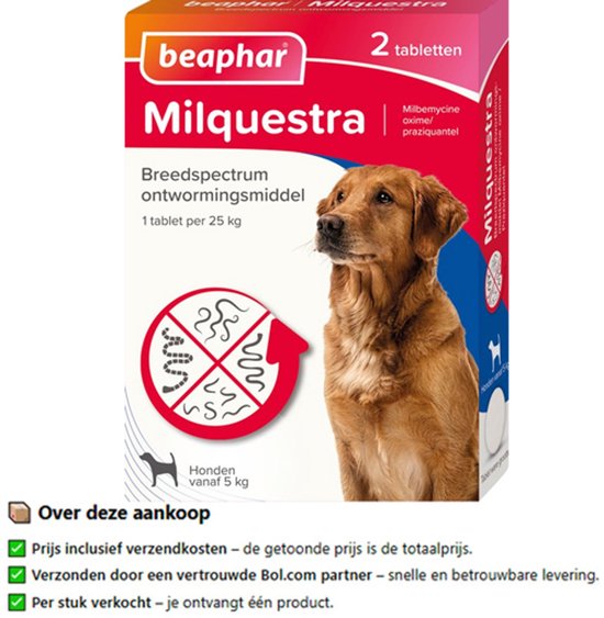 Beaphar Milquestra Ontworming Tabletten Hond 5 - 50 kg 2 tabletten