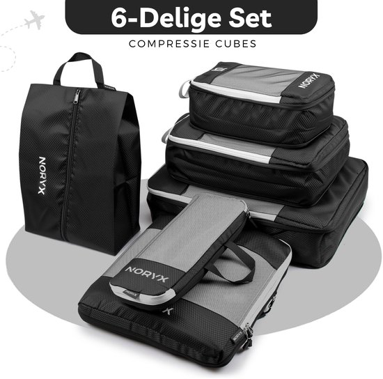 Set de 6 Cubes d'emballage Noryx - Avec fermeture éclair de compression - Set pour valise et sac à dos - Compression de voyage - Rangement pour sièges-auto de bagages - Cube de compression Vêtements