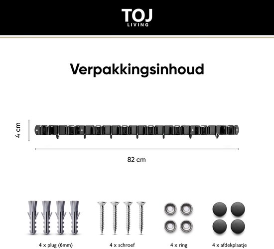 TOJ Bezemhouder - Tuingereedschap / Bezem Ophangsysteem - Gereedschapshouder - 7 Houders & 8 Haken - 82CM - RVS - Mat Zwart van TOJ — afbeelding 4