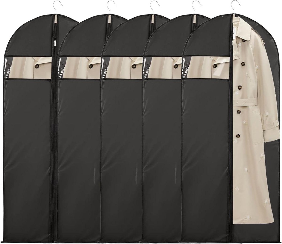 Allecto Plus - Kledingzakken 5 stuks met ritssluiting voor jassen en lange jurken. Zwarte kledingzak met transparant venster voor blazers, avondjurken en trenchcoats. Beschermt kleding tegen stof en vocht. Ideale opbergoplossing.