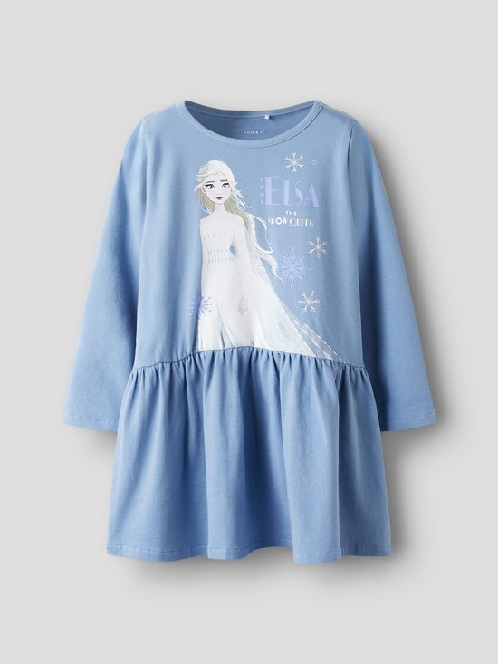 Blauwe jurk met lange mouwen, Elsa-print en ruches in de taille met sneeuwvlokken en tekst "Elsa The Snow Queen".