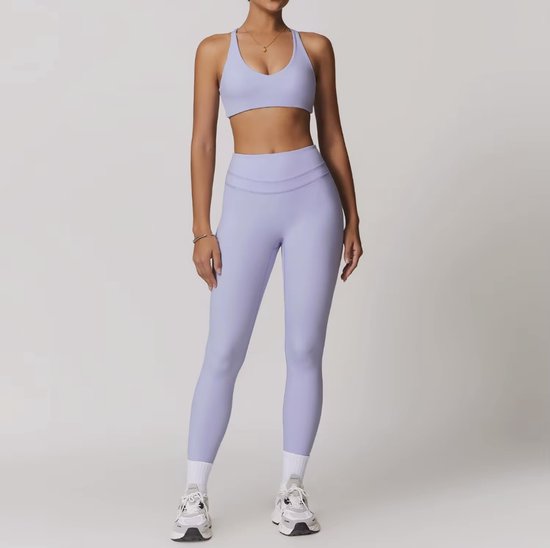 Set de sport Eclipse - Taille S - Lilas - Ensemble de sport 5 pièces avec soutien-gorge, haut à manches courtes, haut à manches longues, legging taille haute et short - Violet - Sans coutures et coupe Comfort