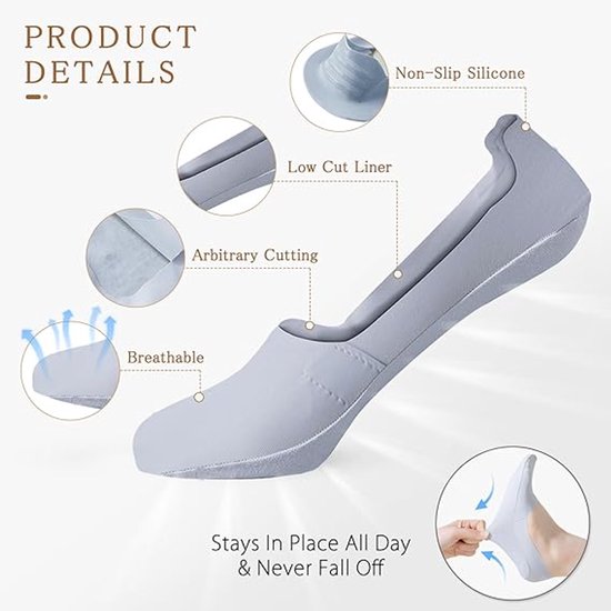 Grijze lage sokken met antislip siliconen, ademend materiaal en de tekst 'Stays In Place All Day & Never Fall Off'.