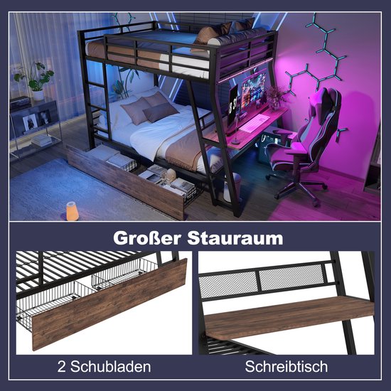 Lit mezzanine avec éclairage LED- 140 x 200 cm - tiroir - garde-corps - escalier - bureau - sans matelas - noir