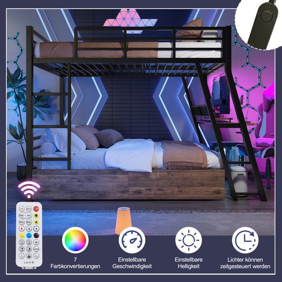 Lit mezzanine avec éclairage LED- 140 x 200 cm - tiroir - garde-corps - escalier - bureau - sans matelas - noir