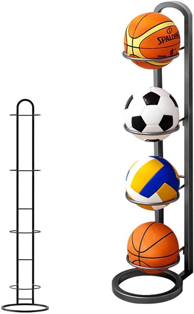 4-traps staand balrek voor basketbal, voetbal, volleybal en rugby - Metalen standaard met binnenbalopslag en afneembare balhouder