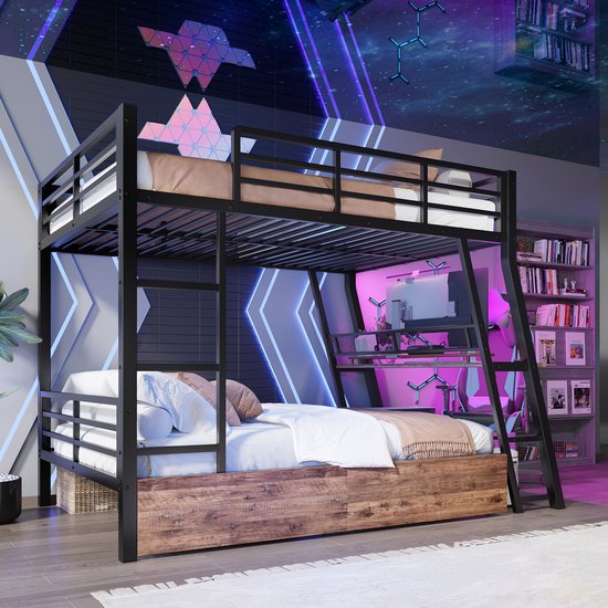 Lit mezzanine avec éclairage LED- 140 x 200 cm - tiroir - garde-corps - escalier - bureau - sans matelas - noir