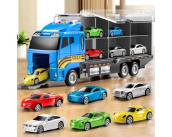 Bedee groot transportvoertuig speelgoed - met 6 kleine voertuigen + 8 verkeersborden + kaart - met realistische geluids- en lichteffecten - kan de hand-oogcoördinatie oefenen