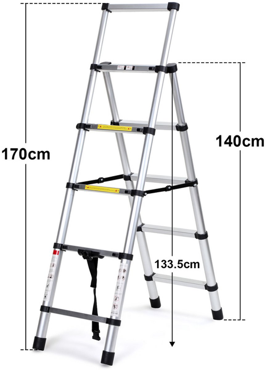Eulenke Telescopische Ladder 1,4m+1,7m Aluminium Trapladder 4+5 Treden Draagbare Antislip Vouwladder, 150 kg Draagvermogen Staande Ladder, Aluminium Ladder voor Binnen, Buiten, Multifunctionele Ladder – foto 5