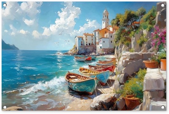 Affiche de jardin 90x60 cm - Décoration de jardin Bateaux - Rochers - Mer - Soleil - Affiche pour le jardin - Décoration extérieure - Tableau de jardin clôture - Décoration murale sur toile de jardin - Décoration murale sur toile de balcon