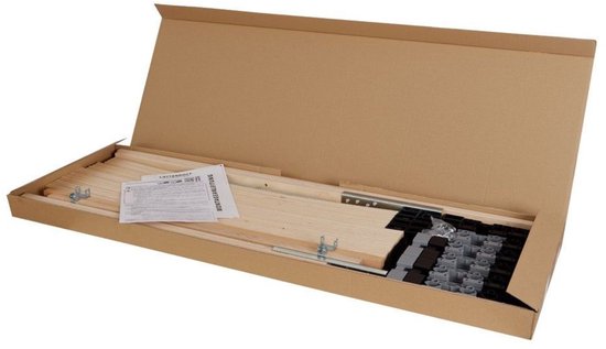 Sommier à lattes en emballage plat dans une boîte en carton avec instructions.