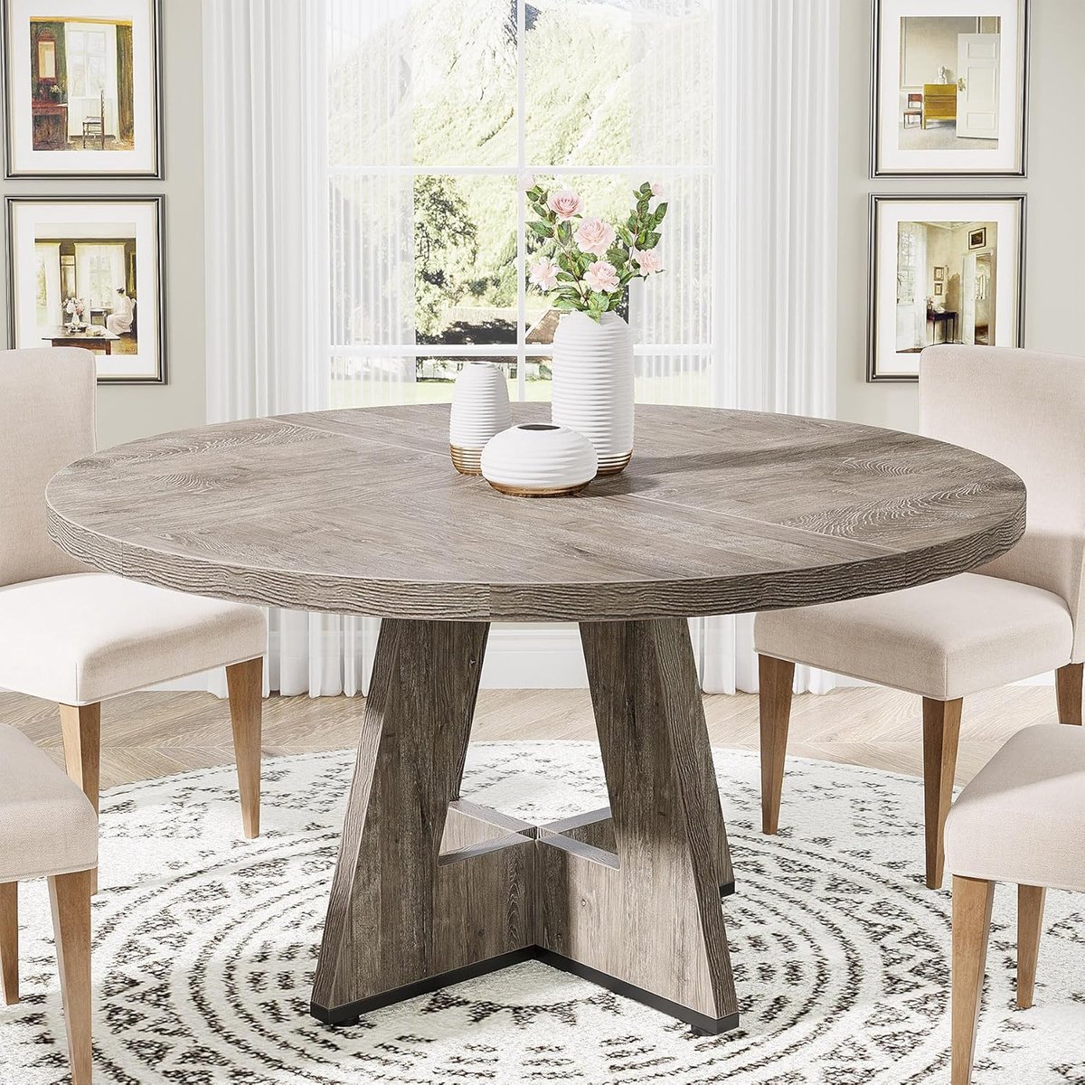 Tribesigns Ronde Eettafel - Keukentafel - 120 X 120 X 75 cm - Eetkamertafel Voor 4 Personen - met Houten Tafelblad en Poten - Industrieel Design - Vintage - Rustiek Grijs