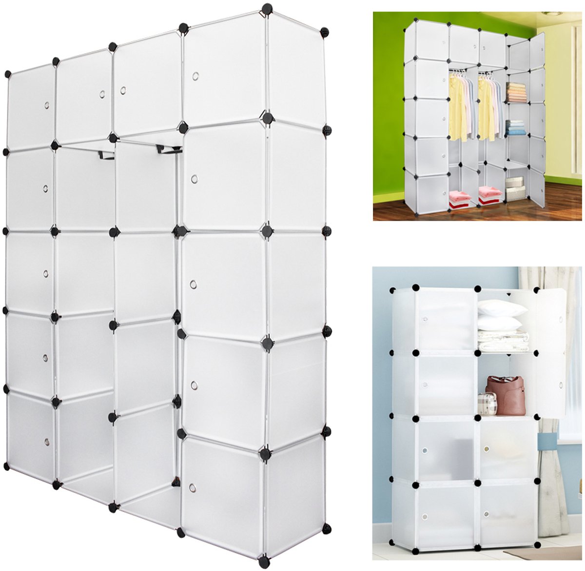 Kledingkast met 20 Opslagvakken - DIY Garderobekast (BxHxD): 142x180x37cm - Wit - Kunststo