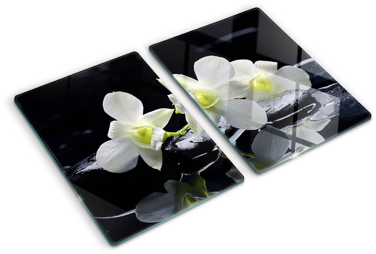 Tulup Glazen Snijplank - Wit Orchidee UV Gelaagd Glas Serveerplank - SET van 2 STUKS 40 x 52 cm - Snijplanken van Glas-Snijplanken Glas-Serveerplanken van glas-Anti-Slip Snijplanken-Keukenbenodigdheden
