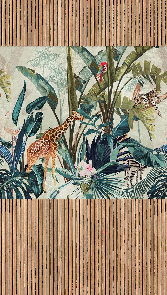 Akoestische paneel-behang met jungle-dieren, bijzondere behang met houtpanelen 398531, vliesbehang met jungle-motief 39853-1, BRICOFLOR.nl