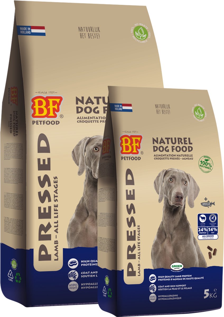 BF Petfood Lam rijst geperst 13.5 kg met kluifjes graan/ glutenvrij 500 gram