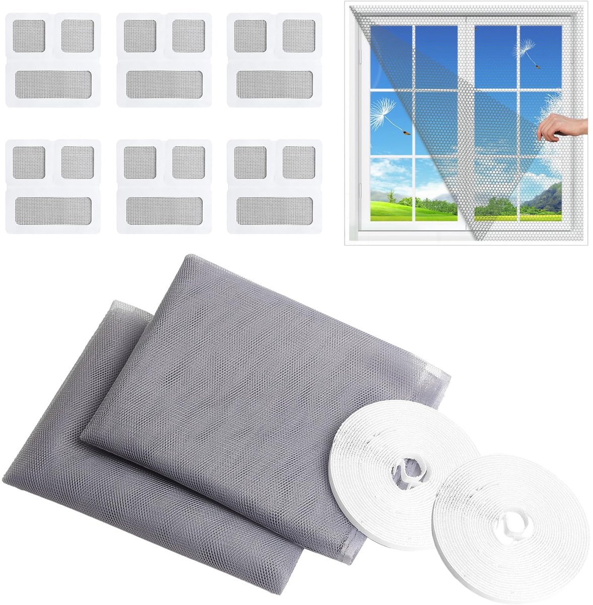 Ibenzoa® Vliegengaas Set voor Ramen met Zelfklevende Bevestiging en Reparatiekit, Op Maat te Snijden, 2 Stuks