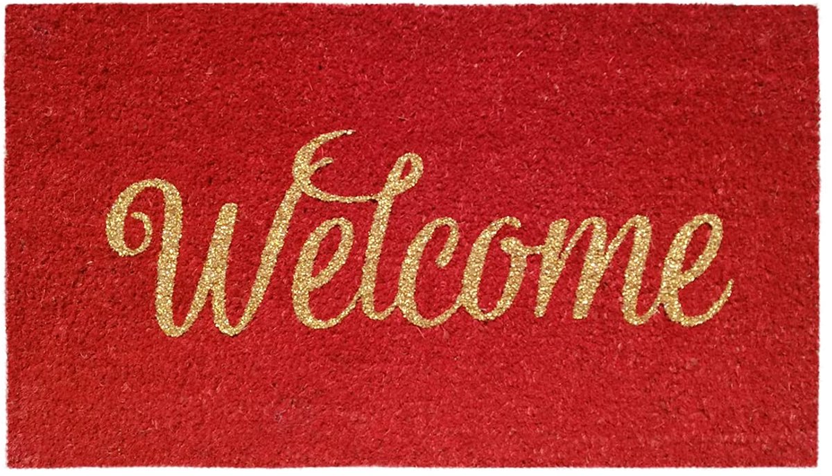 Ibenzoa Kokosvezel Deurmat 40 x 70 cm met Antislip Onderzijde en Glanzende Applicaties - Welcome Rood Welkom Rot