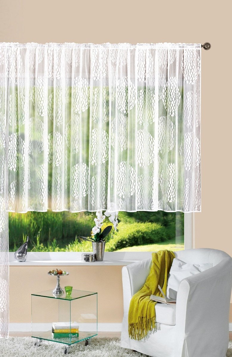 Ibenzoa Grote Transparante Jacquard Vitrage met Cirkelpatroon en Plooiband voor Woonkamer wit