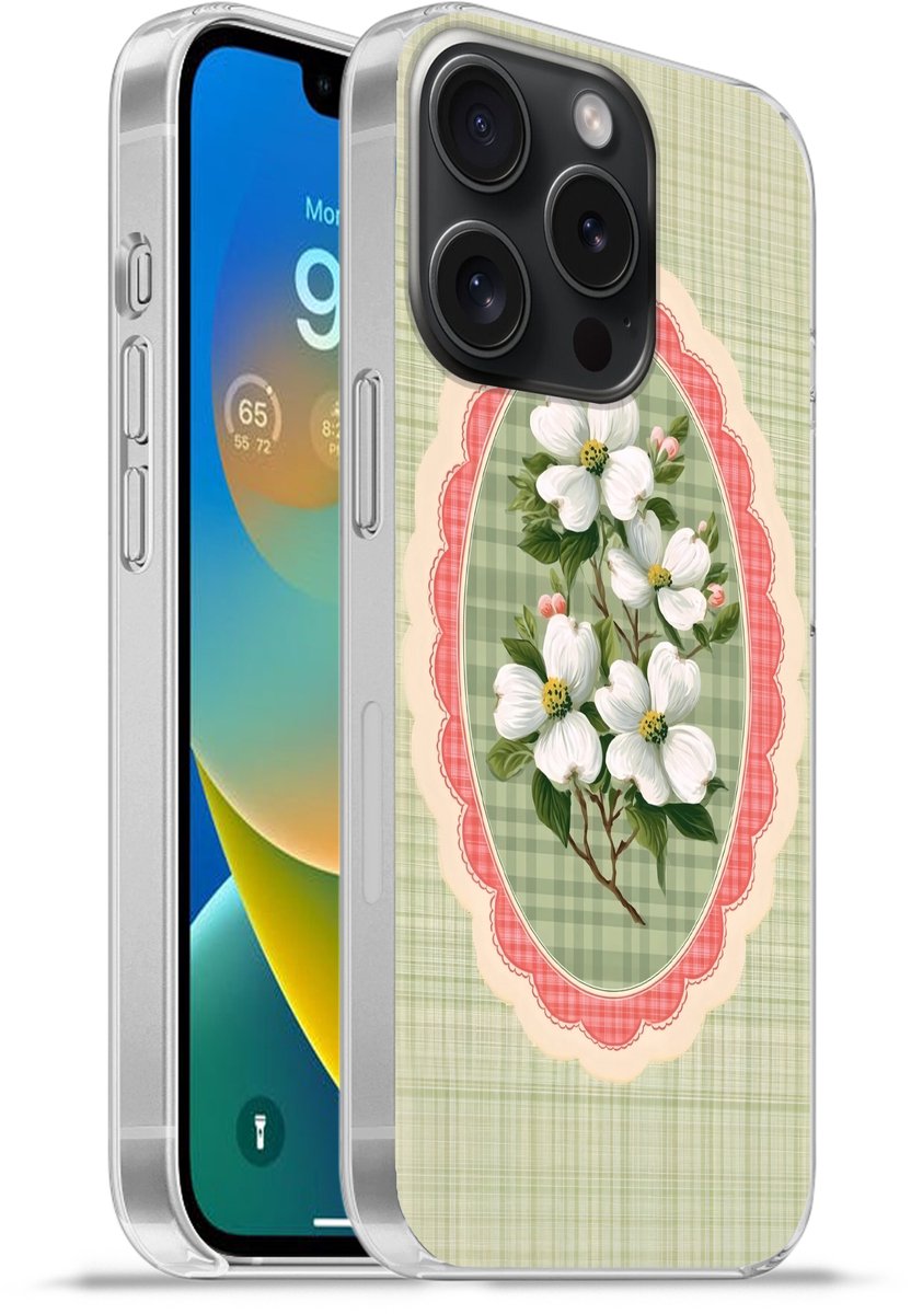 Telefoonhoesje Geschikt voor iPhone 15 Pro hoesje - Bloemen - Illustratie - Geruit - Groen - Siliconen Telefoonhoesje Telefoonhoesje