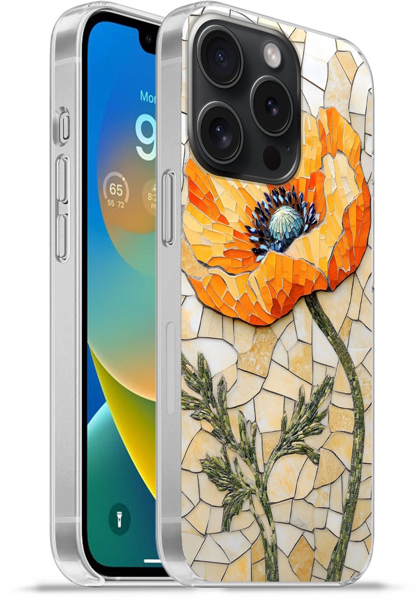 Telefoonhoesje Geschikt voor iPhone 15 Pro hoesje - Klaprozen - Oranje - Mozaïek - Bladeren - Siliconen Telefoonhoesje Telefoonhoesje
